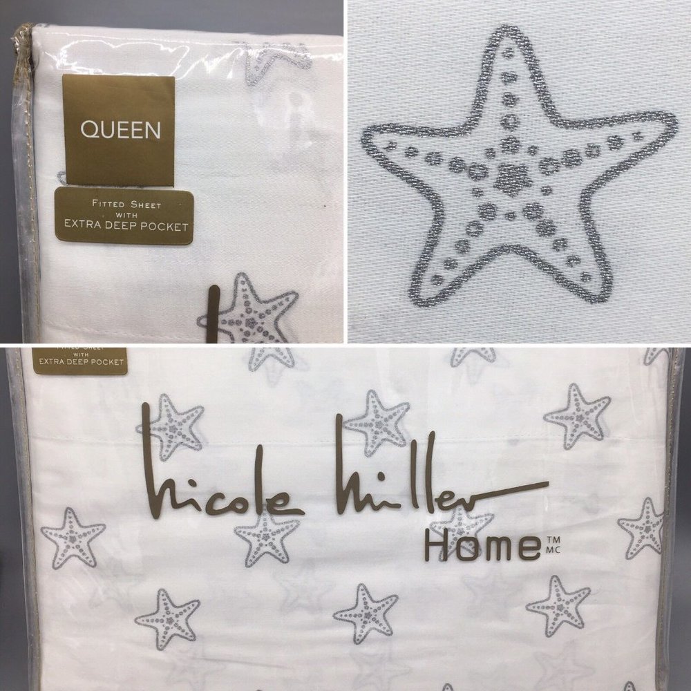 Nicole Miller Silver Starfish QUEEN Sheet Set Beach Ocean Shimmer 100% Cotton